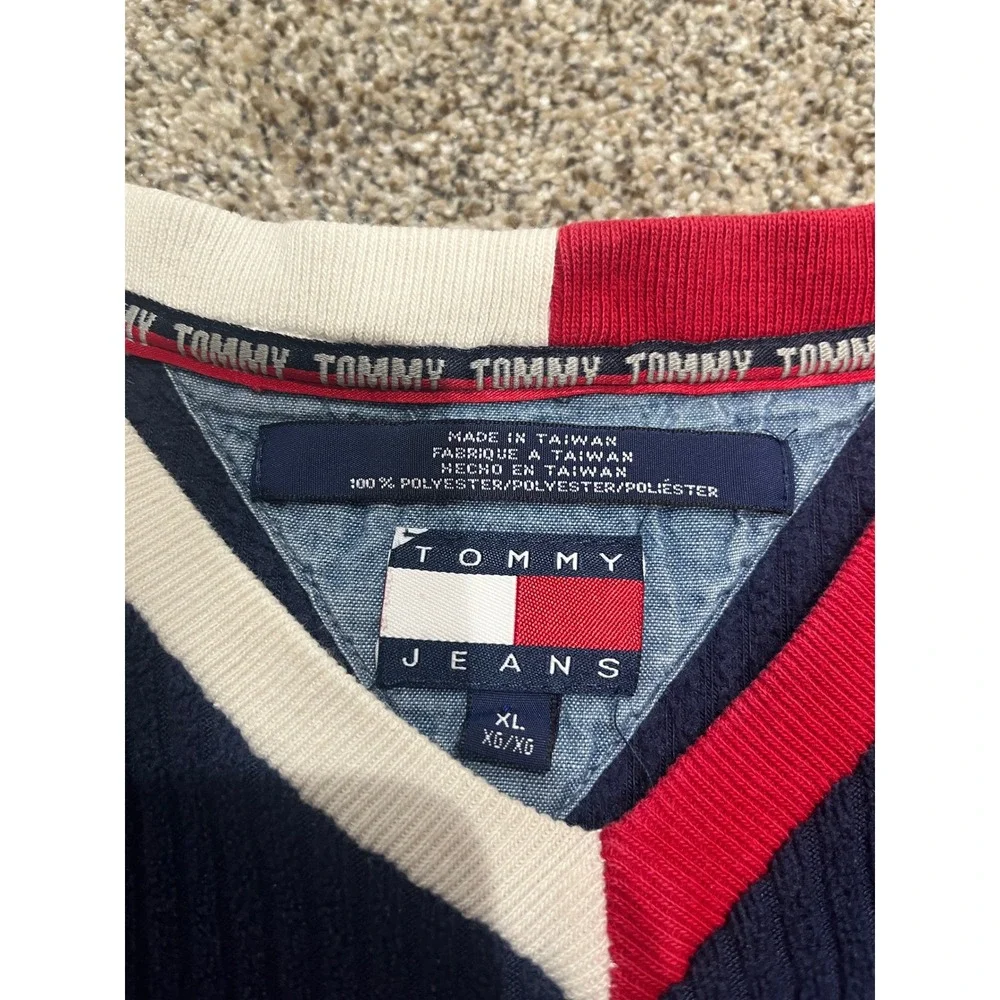 Vintage Tommy Jeans Ribbed V-Neck Sweater Navy Blue Red White Mens XL
